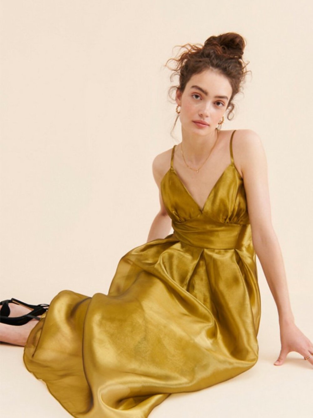 Anthropologie Let Me Be Women's Gold Formal A-Line Pleated Dress